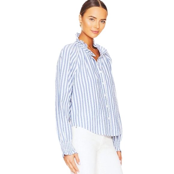 Veronica Beard Calisto Washed Blue White Ruffle Collar Button Revolve Shirt S - Picture 2 of 14